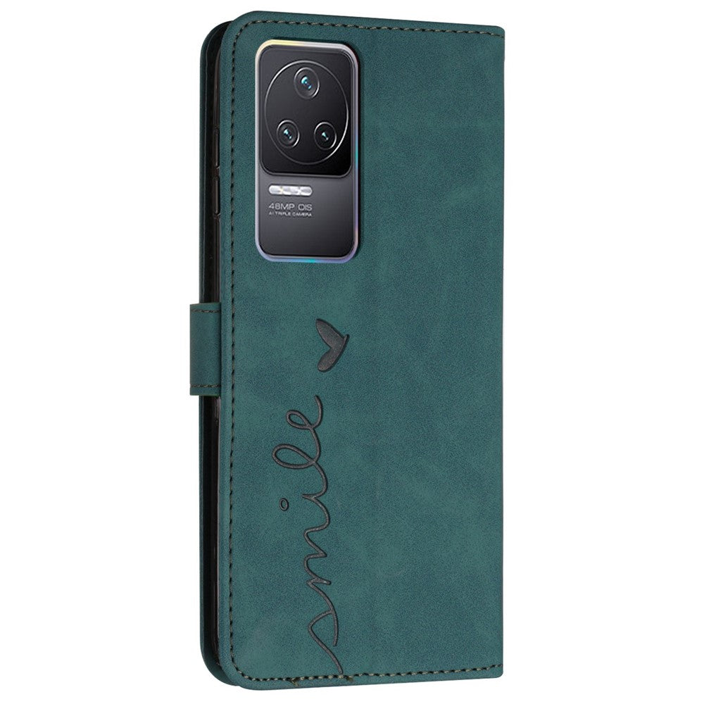 For Xiaomi Redmi K50/K50 Pro Heart Shape Imprinted Anti-scratch Cell Phone Case Skin-touch Feeling PU Leather Wallet Stand Design Cover with Strap