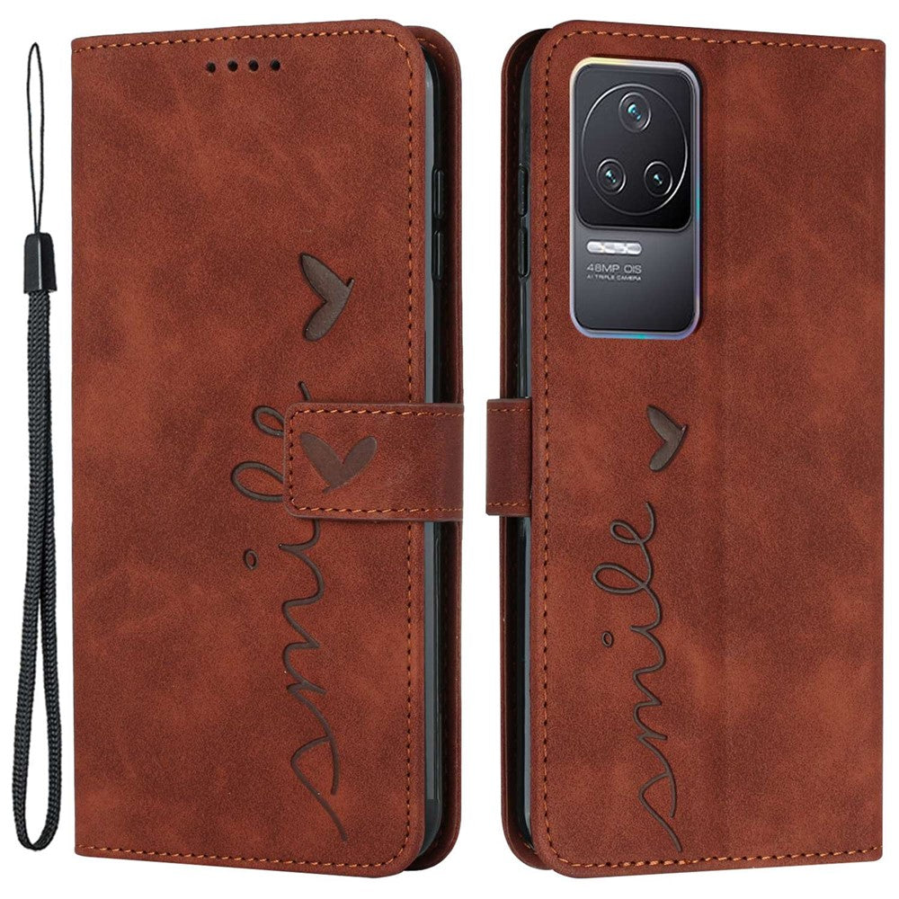 For Xiaomi Redmi K50/K50 Pro Heart Shape Imprinted Anti-scratch Cell Phone Case Skin-touch Feeling PU Leather Wallet Stand Design Cover with Strap