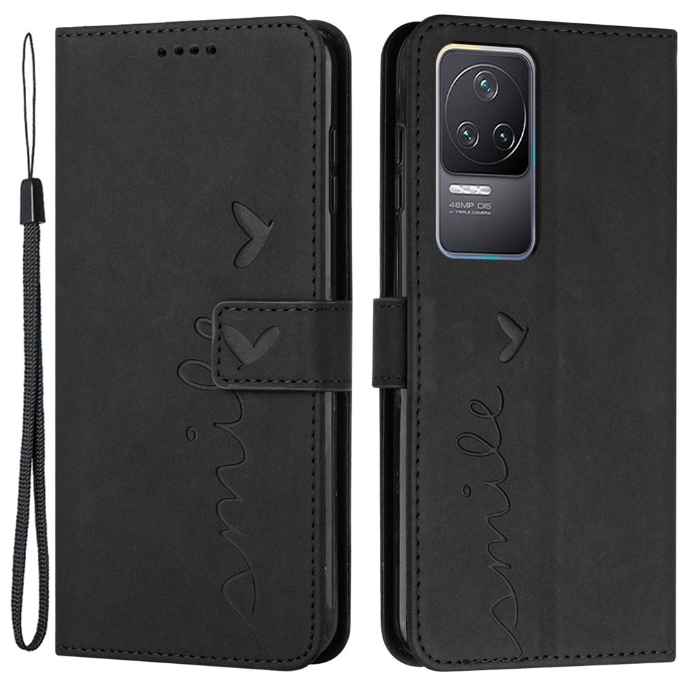 For Xiaomi Redmi K50/K50 Pro Heart Shape Imprinted Anti-scratch Cell Phone Case Skin-touch Feeling PU Leather Wallet Stand Design Cover with Strap