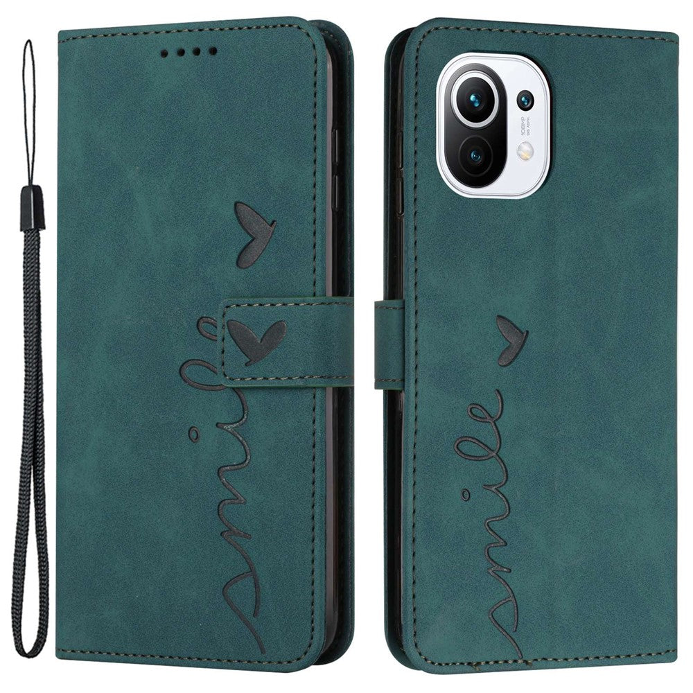 For Xiaomi 11 Lite 5G NE/Mi 11 Lite 5G/4G Shockproof Imprinted Phone Cover Skin-touch Feeling Heart Shape Wallet Case Stand with Strap