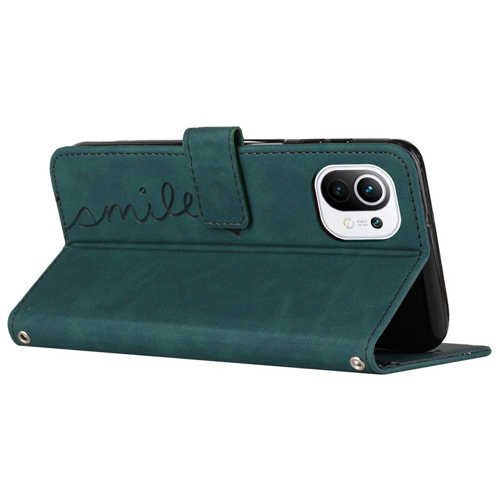 For Xiaomi 11 Lite 5G NE/Mi 11 Lite 5G/4G Shockproof Imprinted Phone Cover Skin-touch Feeling Heart Shape Wallet Case Stand with Strap