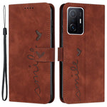 For Xiaomi 11T 5G/11T Pro 5G Drop-proof Heart Shape Imprinted Phone Case PU Leather Skin-touch Feeling Wallet Stand Well Protection Shell with Strap