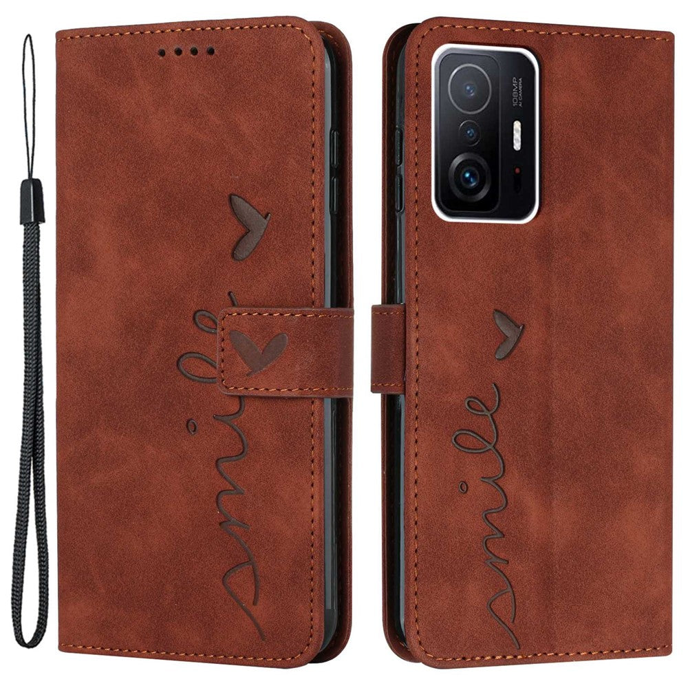For Xiaomi 11T 5G/11T Pro 5G Drop-proof Heart Shape Imprinted Phone Case PU Leather Skin-touch Feeling Wallet Stand Well Protection Shell with Strap