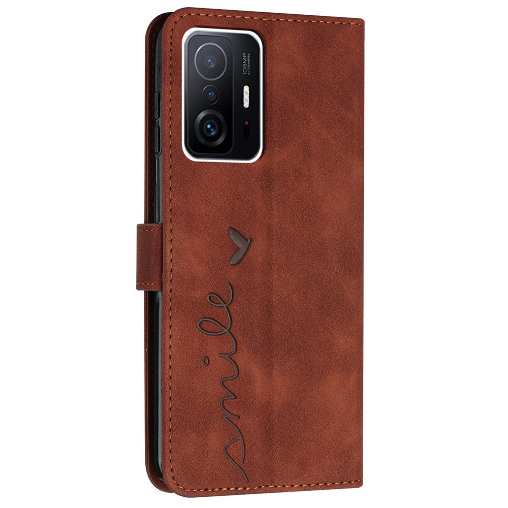 For Xiaomi 11T 5G/11T Pro 5G Drop-proof Heart Shape Imprinted Phone Case PU Leather Skin-touch Feeling Wallet Stand Well Protection Shell with Strap