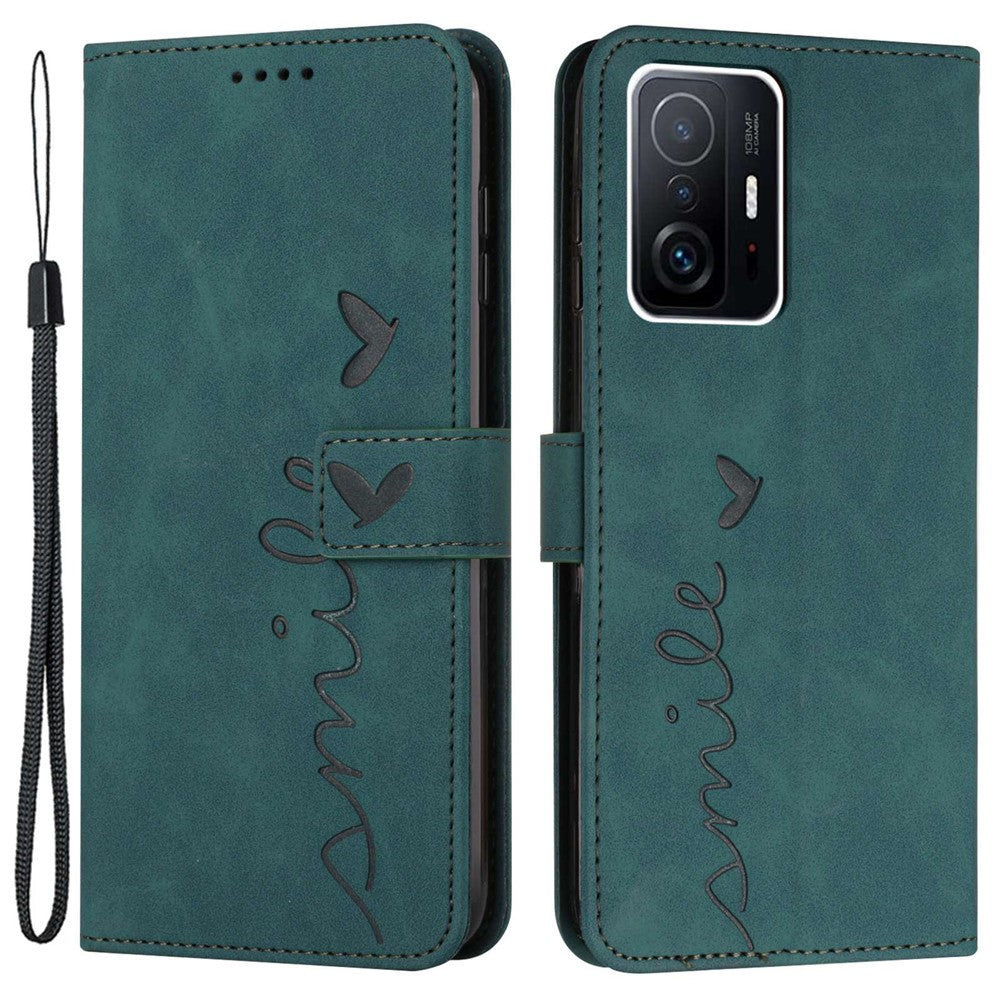 For Xiaomi 11T 5G/11T Pro 5G Drop-proof Heart Shape Imprinted Phone Case PU Leather Skin-touch Feeling Wallet Stand Well Protection Shell with Strap