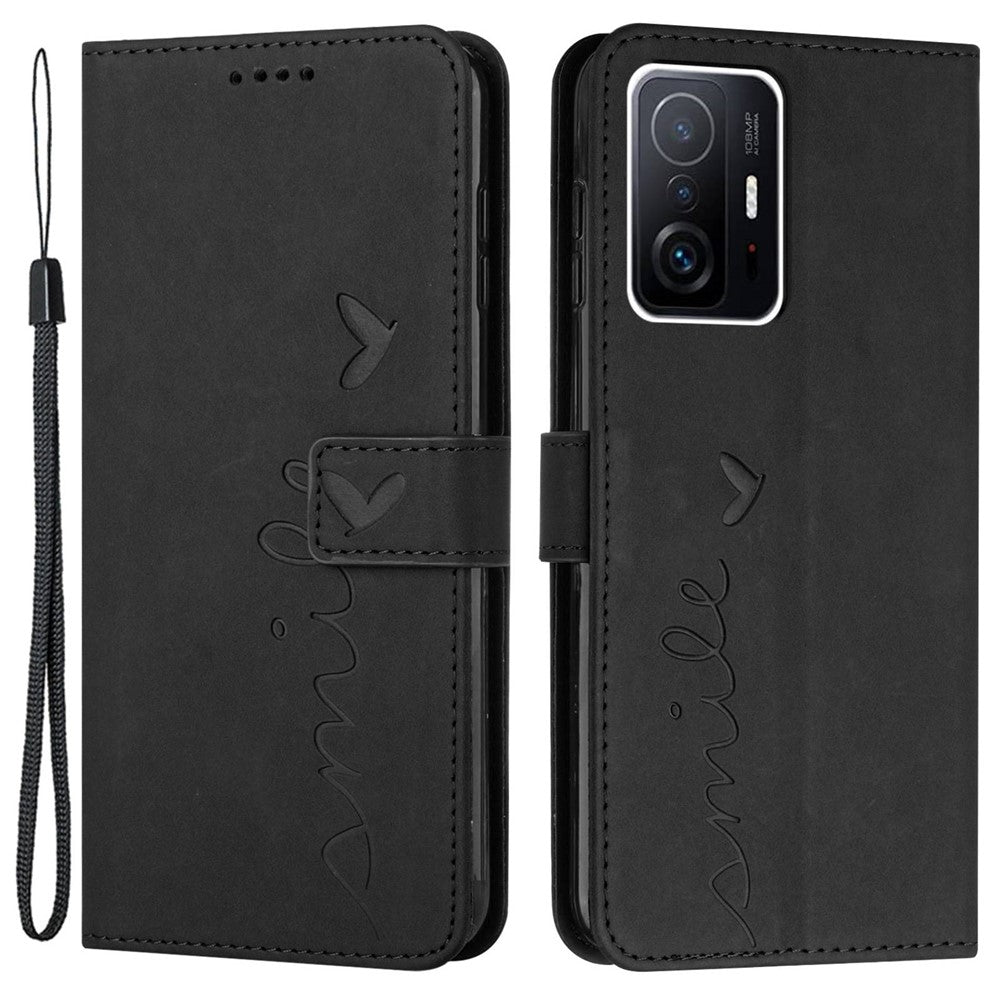 For Xiaomi 11T 5G/11T Pro 5G Drop-proof Heart Shape Imprinted Phone Case PU Leather Skin-touch Feeling Wallet Stand Well Protection Shell with Strap