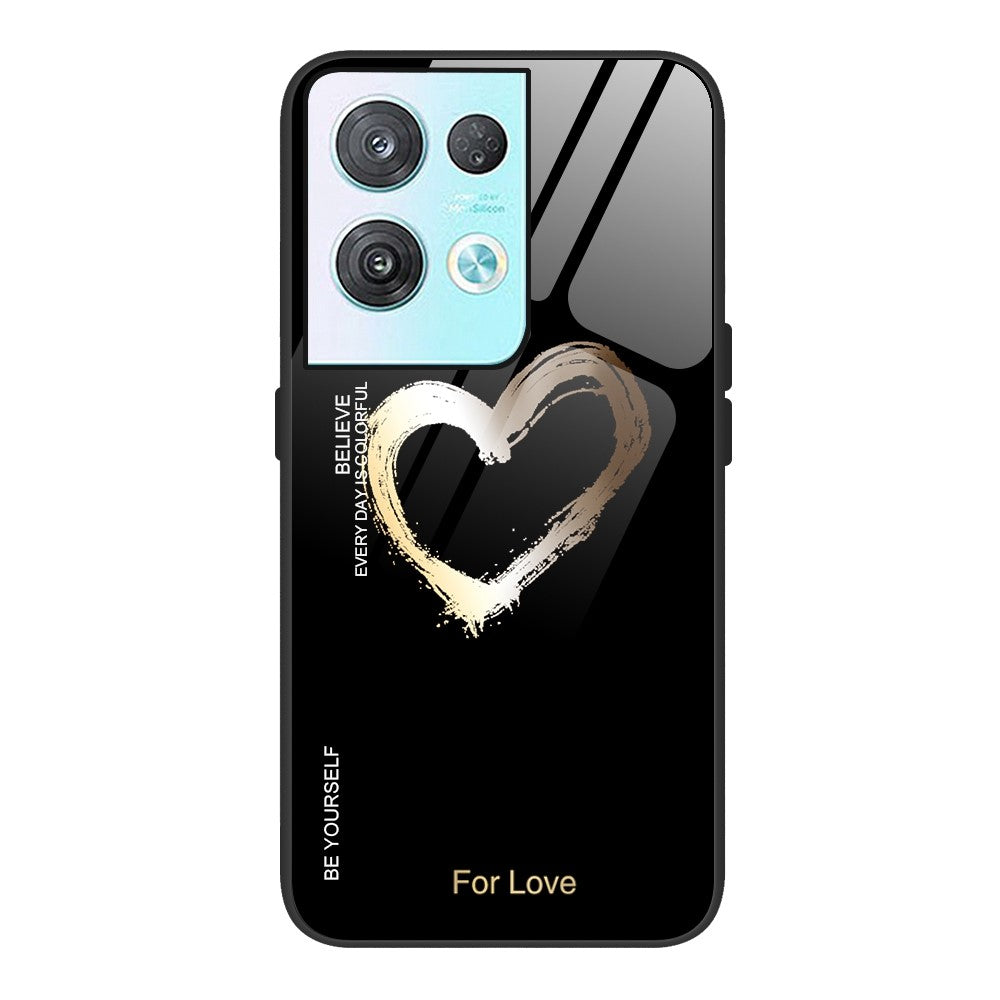 For Oppo Reno8 5G (Global Version) / Oppo Reno8 5G Anti-fingerprint Pattern Printing Phone Case Tempered Glass+PC+TPU Phone Shell