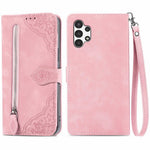 For Samsung Galaxy A13 4G Zipper Wallet Case with Strap Flower Imprint PU Leather Phone Cover