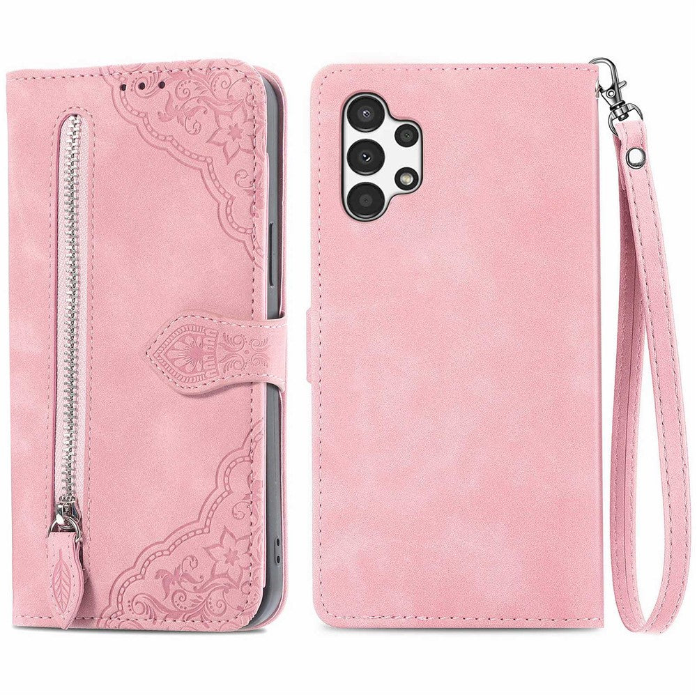For Samsung Galaxy A13 4G Zipper Wallet Case with Strap Flower Imprint PU Leather Phone Cover