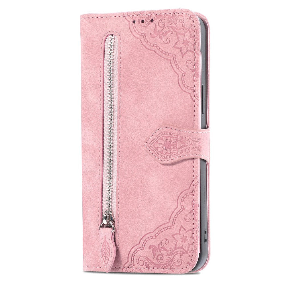For Samsung Galaxy A13 4G Zipper Wallet Case with Strap Flower Imprint PU Leather Phone Cover