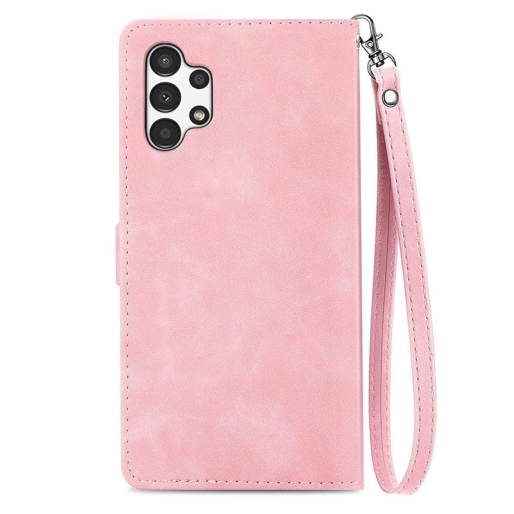 For Samsung Galaxy A13 4G Zipper Wallet Case with Strap Flower Imprint PU Leather Phone Cover