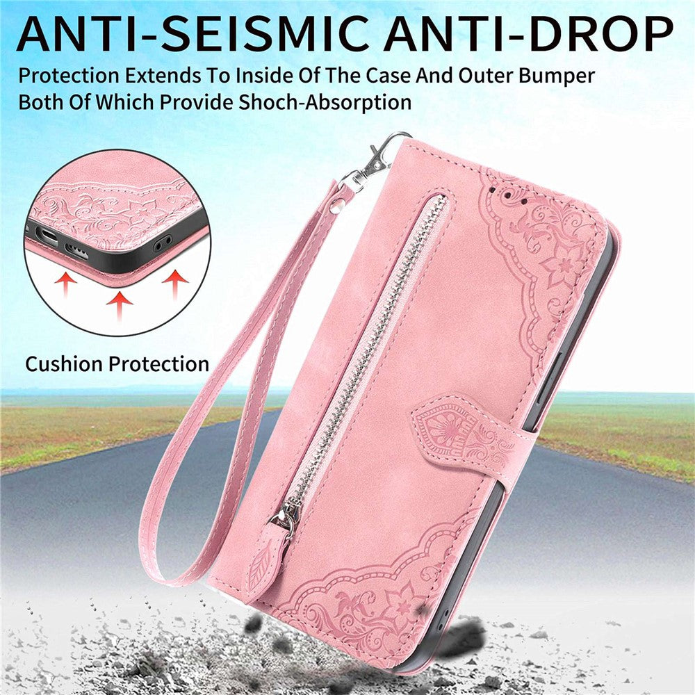 For Samsung Galaxy A13 4G Zipper Wallet Case with Strap Flower Imprint PU Leather Phone Cover