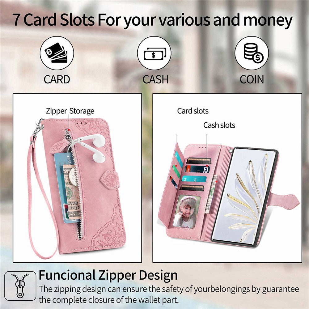 For Samsung Galaxy A13 4G Zipper Wallet Case with Strap Flower Imprint PU Leather Phone Cover