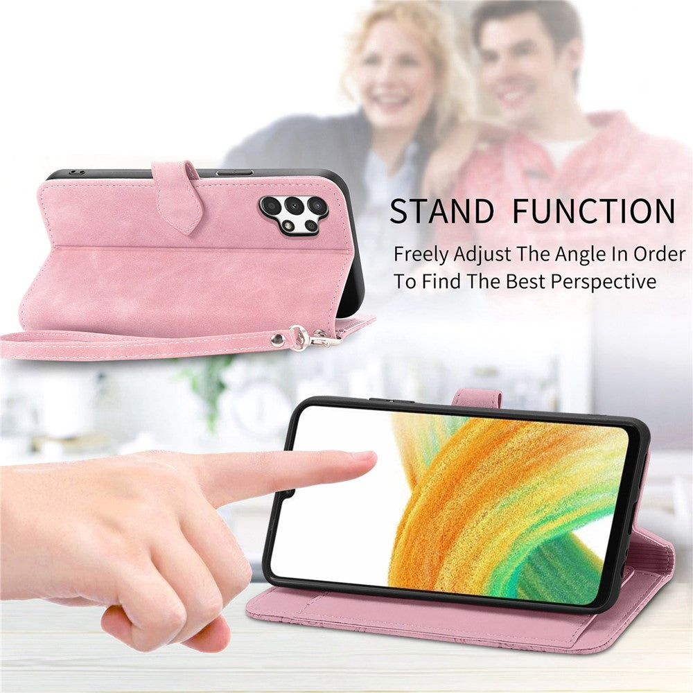 For Samsung Galaxy A13 4G Zipper Wallet Case with Strap Flower Imprint PU Leather Phone Cover