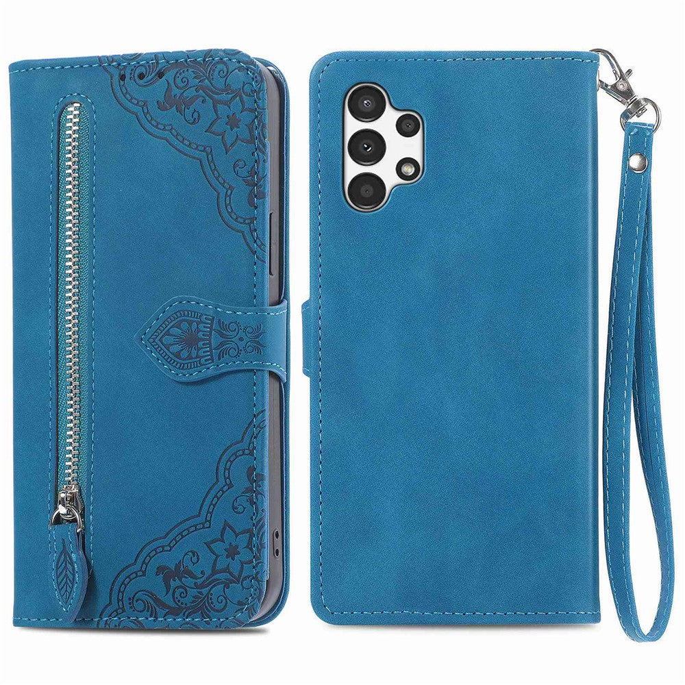 For Samsung Galaxy A13 4G Zipper Wallet Case with Strap Flower Imprint PU Leather Phone Cover