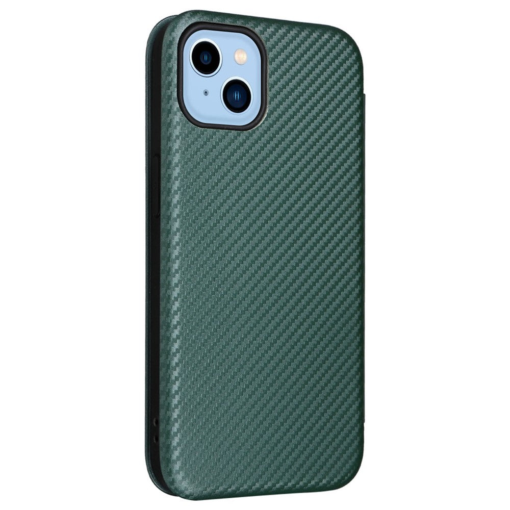 For iPhone 14 6.1 inch Carbon Fiber Texture Mobile Phone Case Magnetic Auto-absorbed PU Leather Stand Card Holder Function Phone Cover