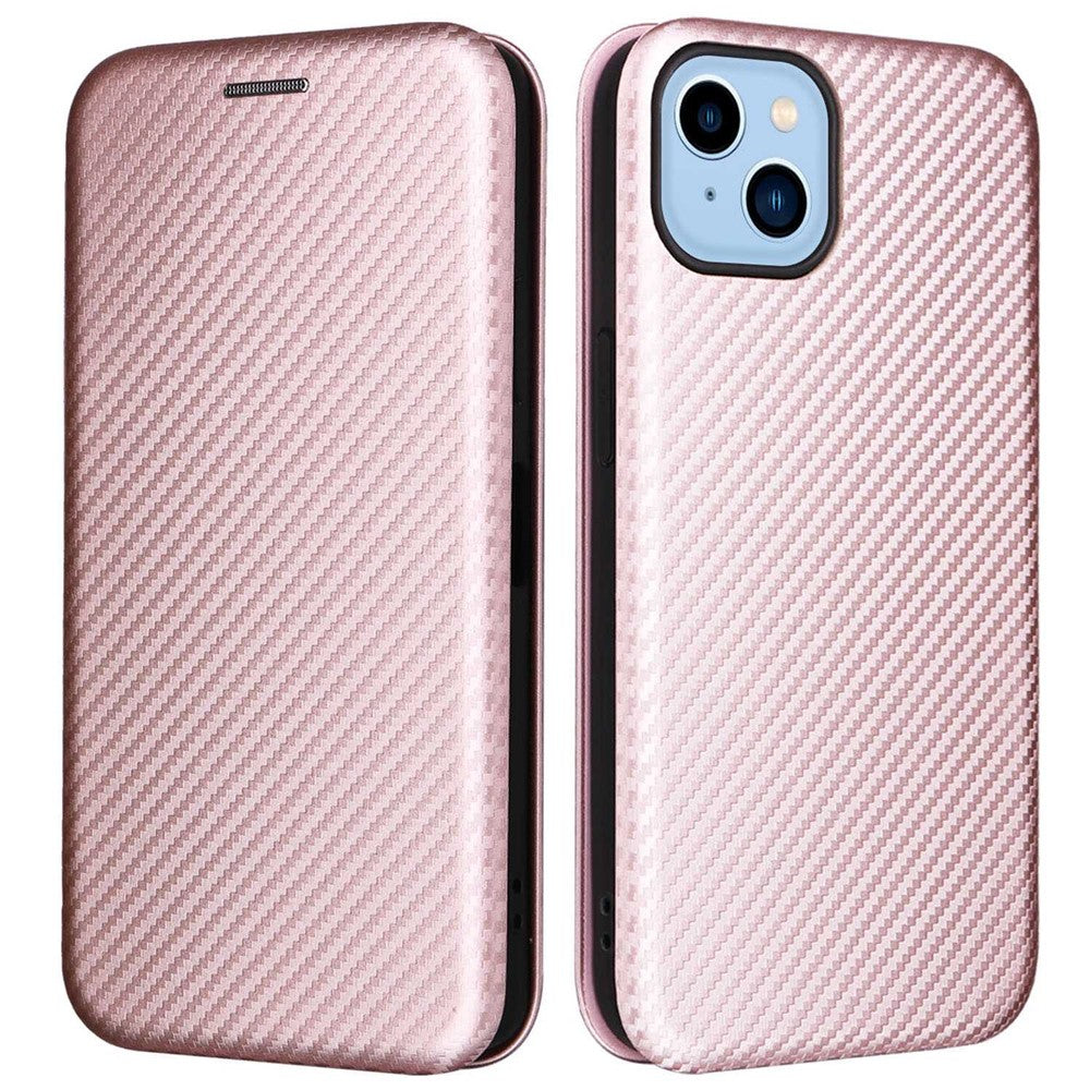 For iPhone 14 6.1 inch Carbon Fiber Texture Mobile Phone Case Magnetic Auto-absorbed PU Leather Stand Card Holder Function Phone Cover