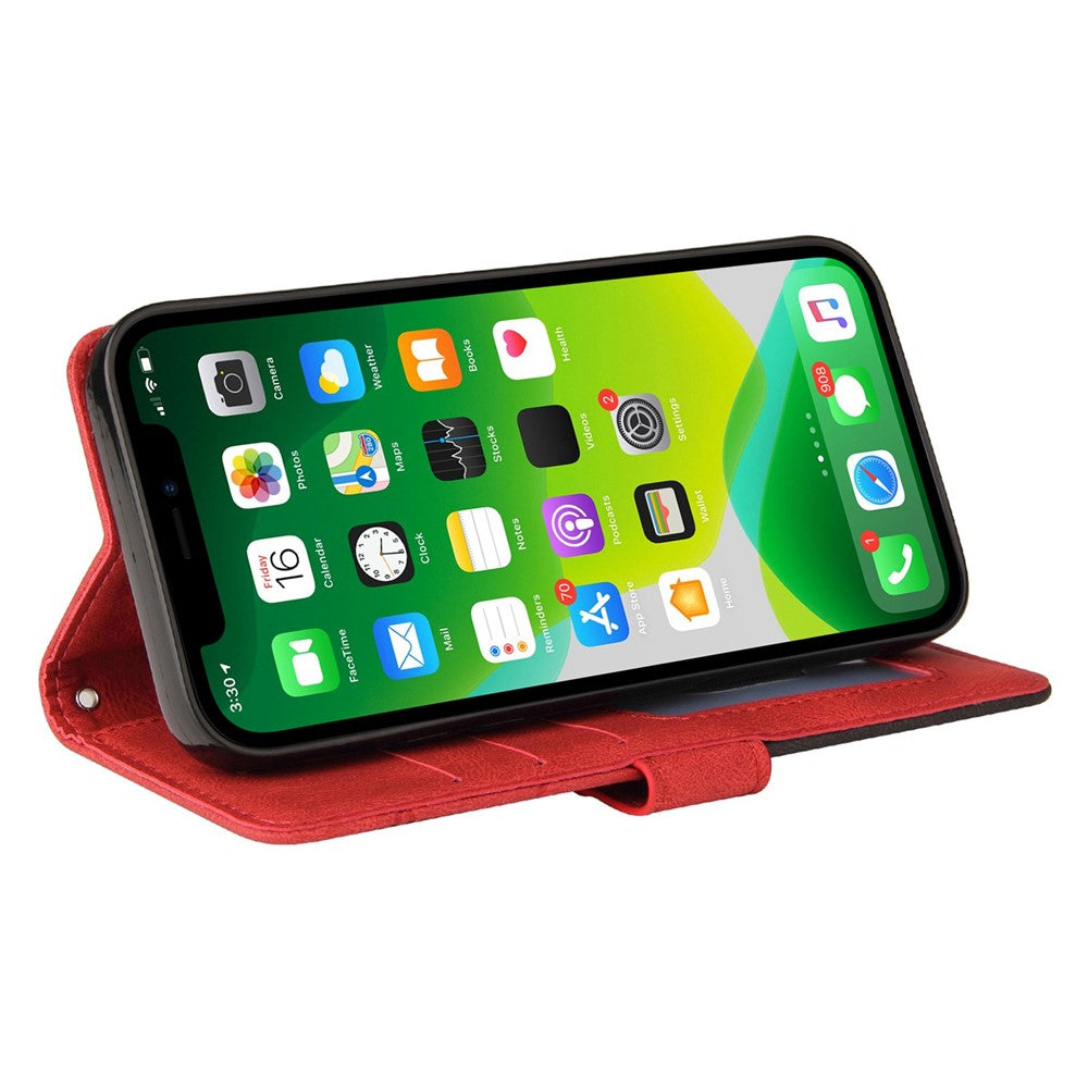 Läderfodral för iPhone 14, plånboksfodral, färgskarvning, mobilfodral