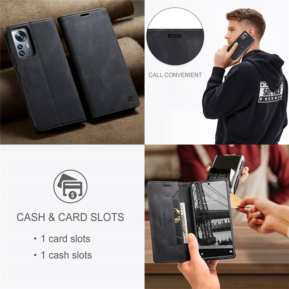 AUTSPACE A01 Series PU Leather Protective Shell for Xiaomi 12 Lite 5G, RFID Blocking Magnetic Closure Vintage Frosted Wallet Stand Flip Cover