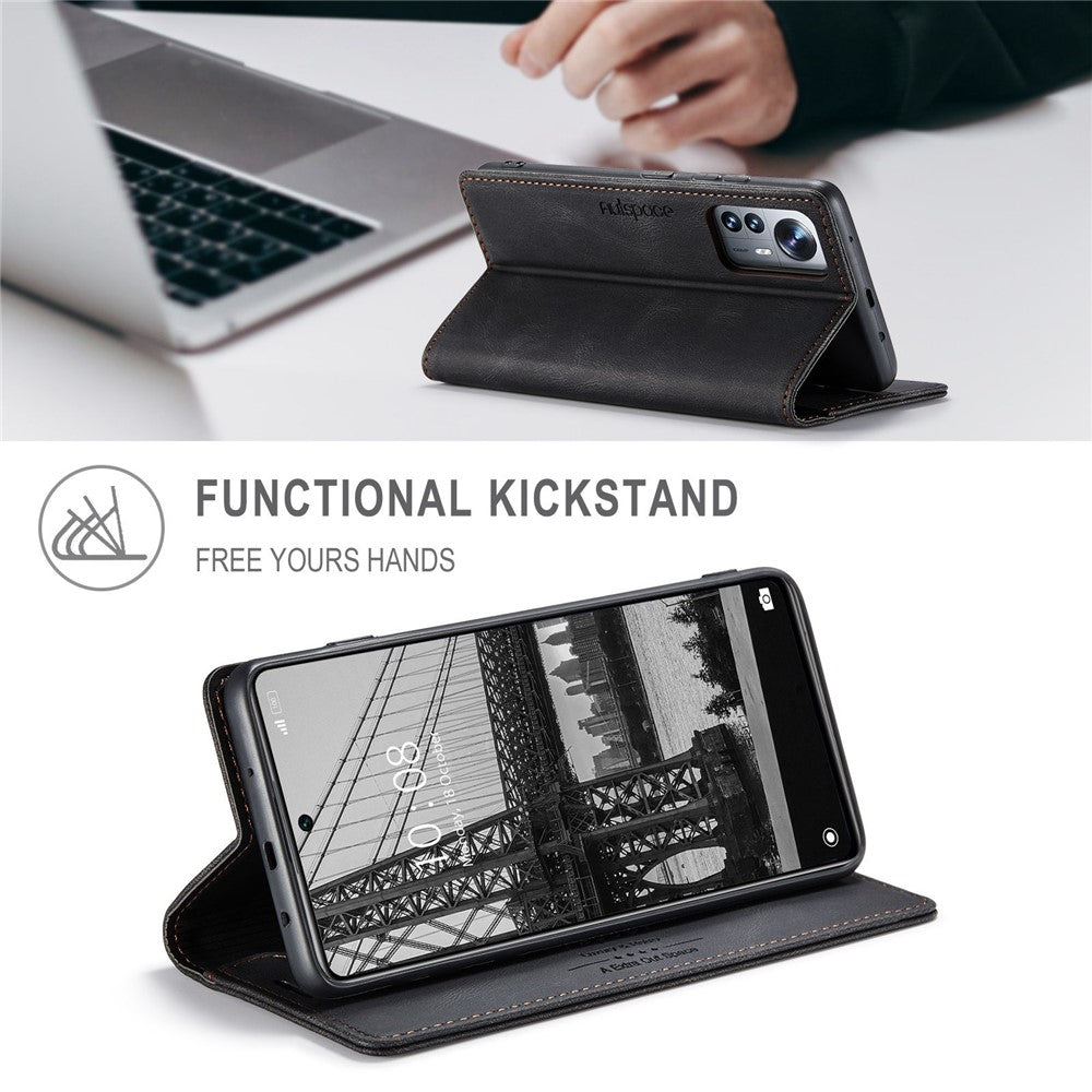 AUTSPACE A01 Series PU Leather Protective Shell for Xiaomi 12 Lite 5G, RFID Blocking Magnetic Closure Vintage Frosted Wallet Stand Flip Cover