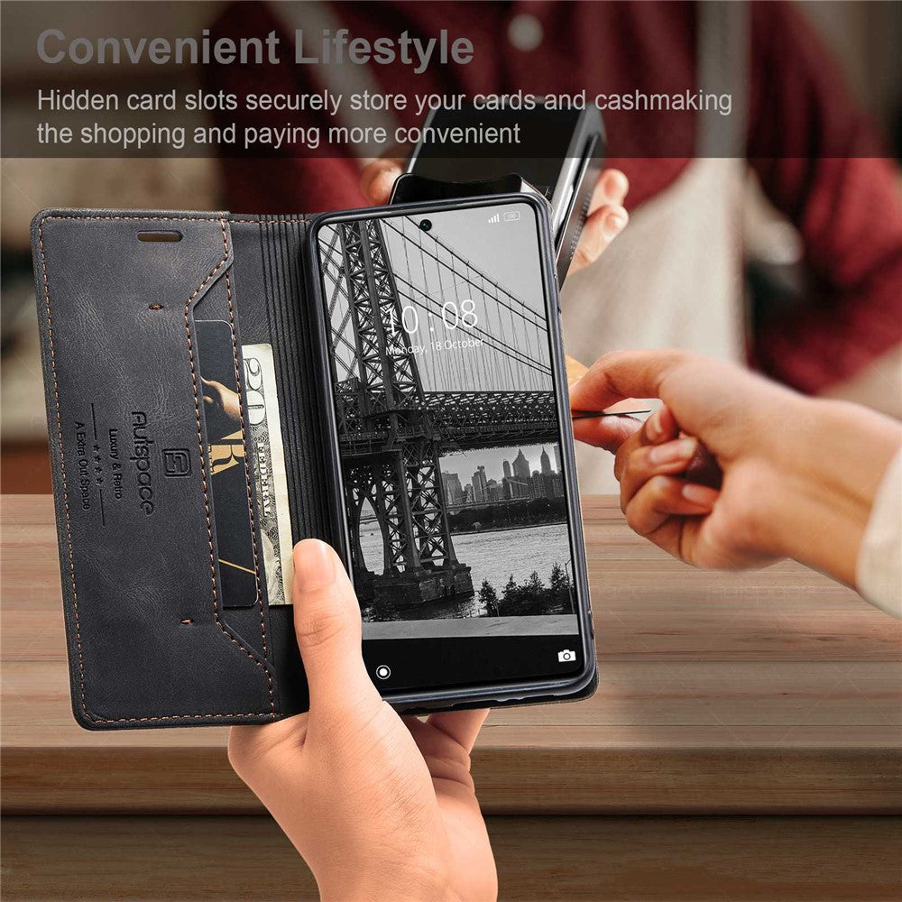 AUTSPACE A01 Series PU Leather Protective Shell for Xiaomi 12 Lite 5G, RFID Blocking Magnetic Closure Vintage Frosted Wallet Stand Flip Cover
