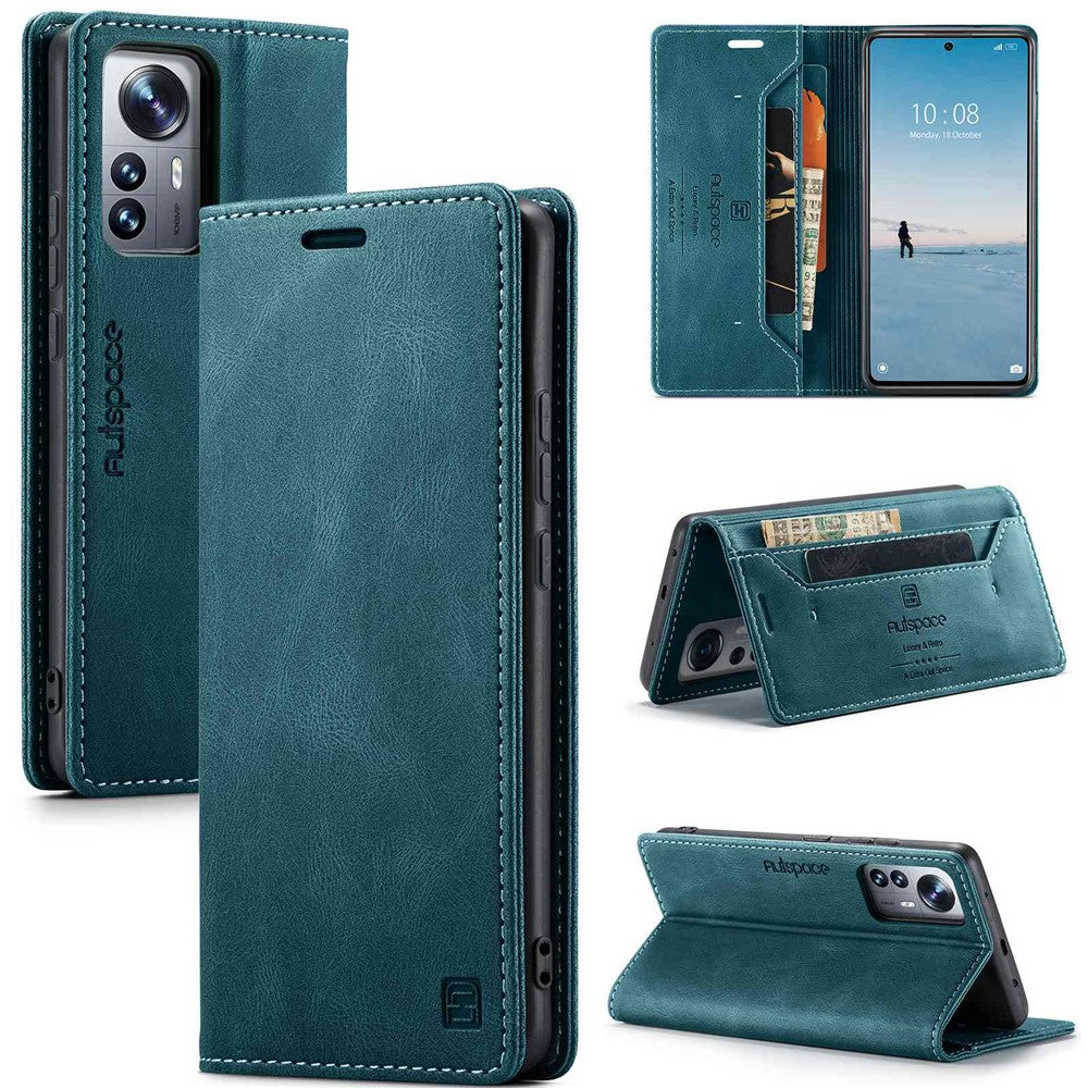 AUTSPACE A01 Series PU Leather Protective Shell for Xiaomi 12 Lite 5G, RFID Blocking Magnetic Closure Vintage Frosted Wallet Stand Flip Cover