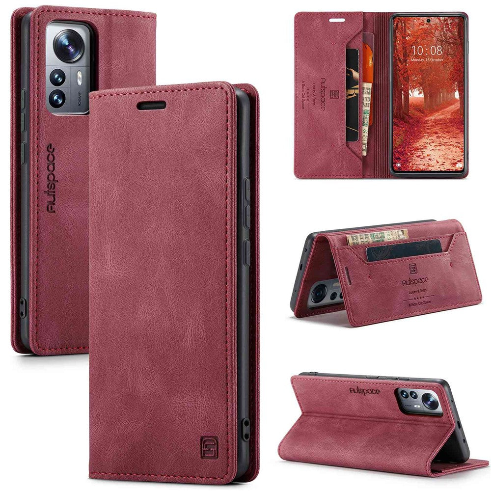 AUTSPACE A01 Series PU Leather Protective Shell for Xiaomi 12 Lite 5G, RFID Blocking Magnetic Closure Vintage Frosted Wallet Stand Flip Cover