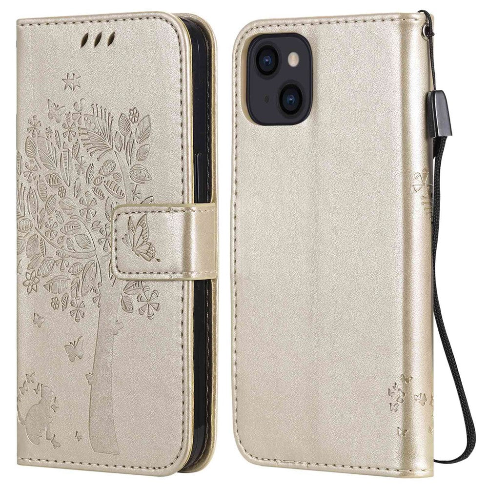 Til iPhone 14 Cover med Stander, Katte Træ Mønster Læderpung Mobilcover