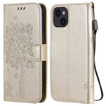 For iPhone 14 Phone Case with Stand Cat Tree Pattern Leather Wallet Mobile Cover