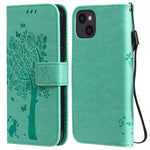 For iPhone 14 Phone Case with Stand Cat Tree Pattern Leather Wallet Mobile Cover