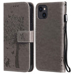 For iPhone 14 Phone Case with Stand Cat Tree Pattern Leather Wallet Mobile Cover