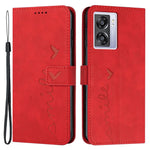 For Oppo A57 (2022) 5G / A77 5G Heart Shape Imprinted Phone Case PU Leather Skin-touch Feeling Wallet Hands-free Stand Feature Shell with Strap