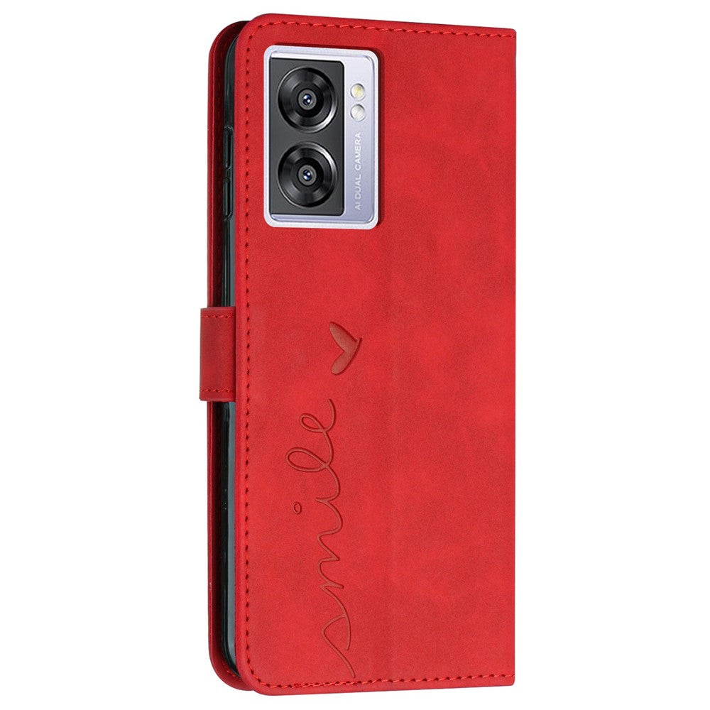 For Oppo A57 (2022) 5G / A77 5G Heart Shape Imprinted Phone Case PU Leather Skin-touch Feeling Wallet Hands-free Stand Feature Shell with Strap