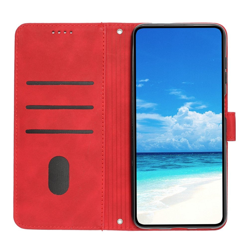 For Oppo A57 (2022) 5G / A77 5G Heart Shape Imprinted Phone Case PU Leather Skin-touch Feeling Wallet Hands-free Stand Feature Shell with Strap