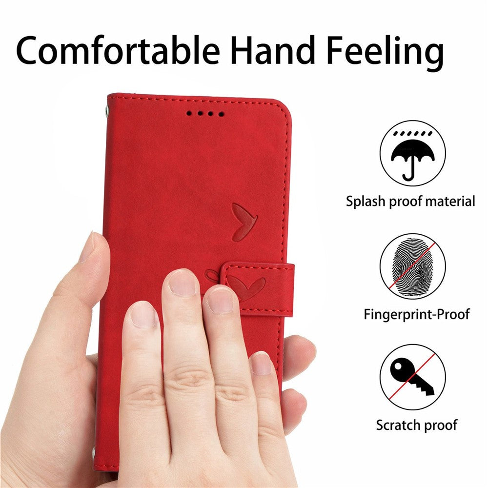 For Oppo A57 (2022) 5G / A77 5G Heart Shape Imprinted Phone Case PU Leather Skin-touch Feeling Wallet Hands-free Stand Feature Shell with Strap