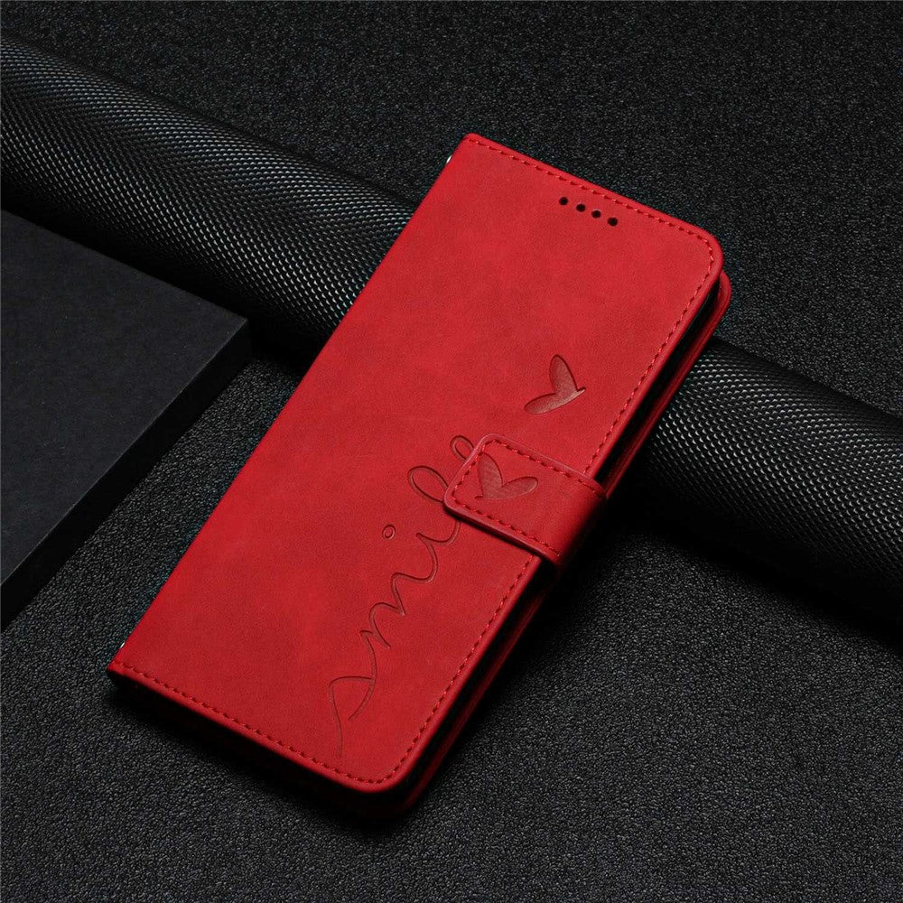 For Oppo A57 (2022) 5G / A77 5G Heart Shape Imprinted Phone Case PU Leather Skin-touch Feeling Wallet Hands-free Stand Feature Shell with Strap