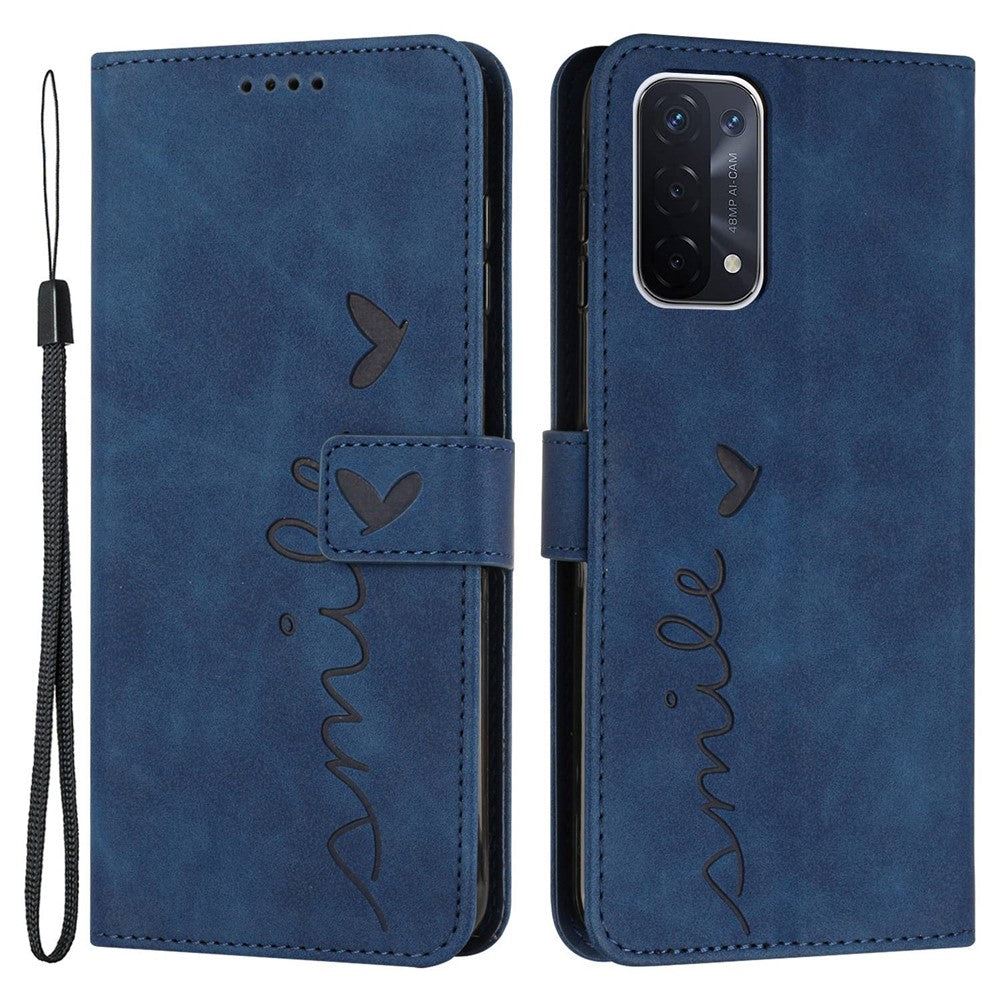 For Oppo A74 5G/A93 5G/A54 5G Imprinted Heart Shape Wallet Case Skin-touch Feeling Leather Stand Feature Flip Cover with Strap