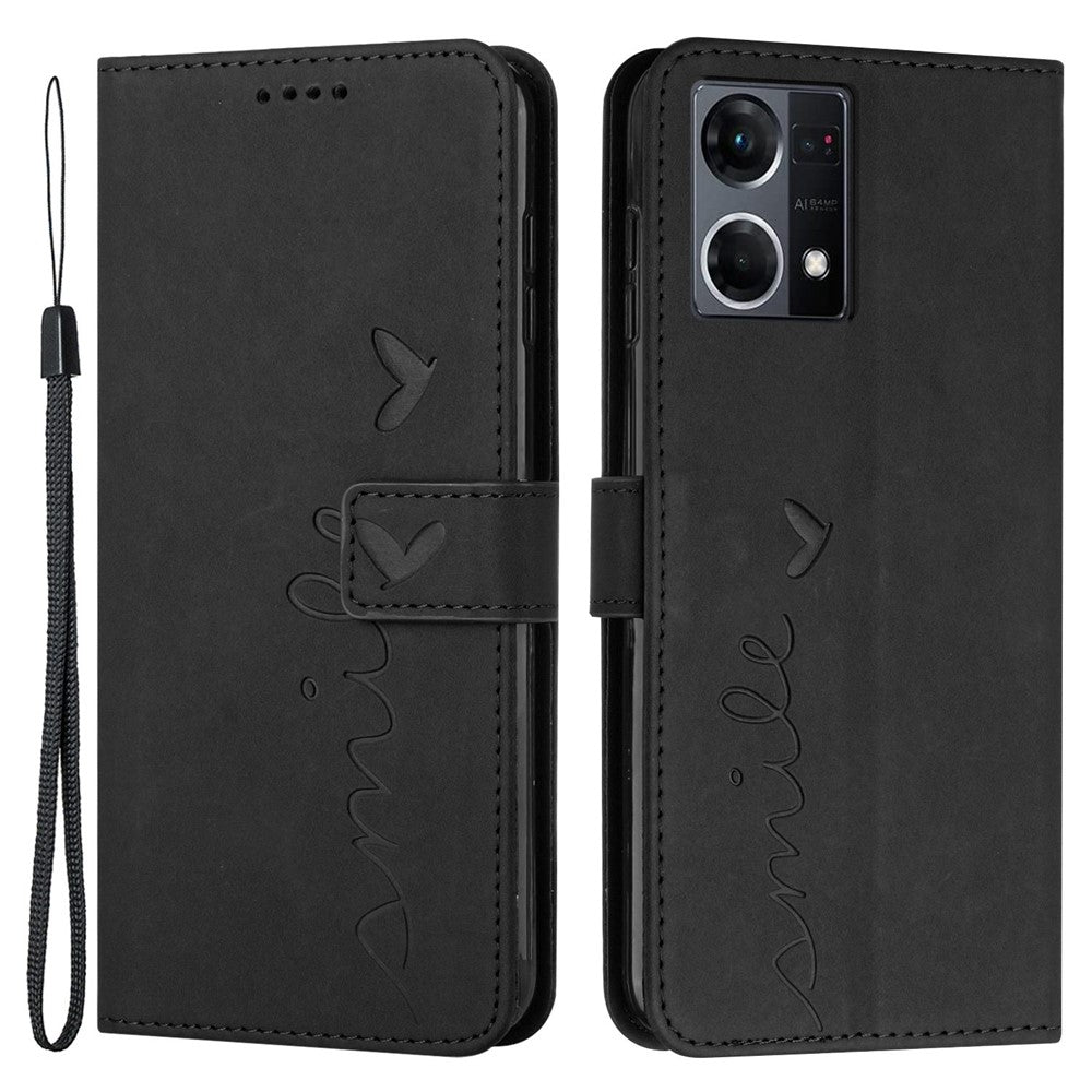 Oppo Reno7 4G/F21 Pro 4G Plånboksfodral med hudkänsla, hjärtformat PU-läder med tryck, magnetisk stängning, stativ och rem