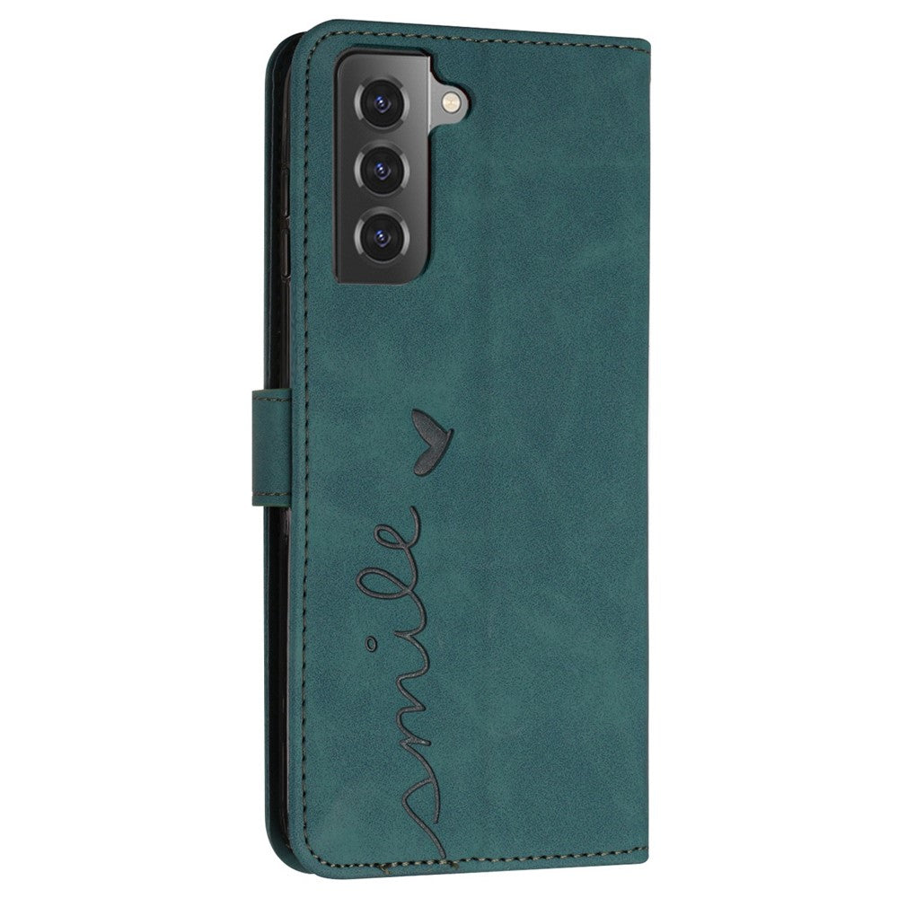 For Samsung Galaxy S21 4G/5G Skin-touch Feeling Heart Shape Imprinted Leather Case Wallet Stand Phone Cover