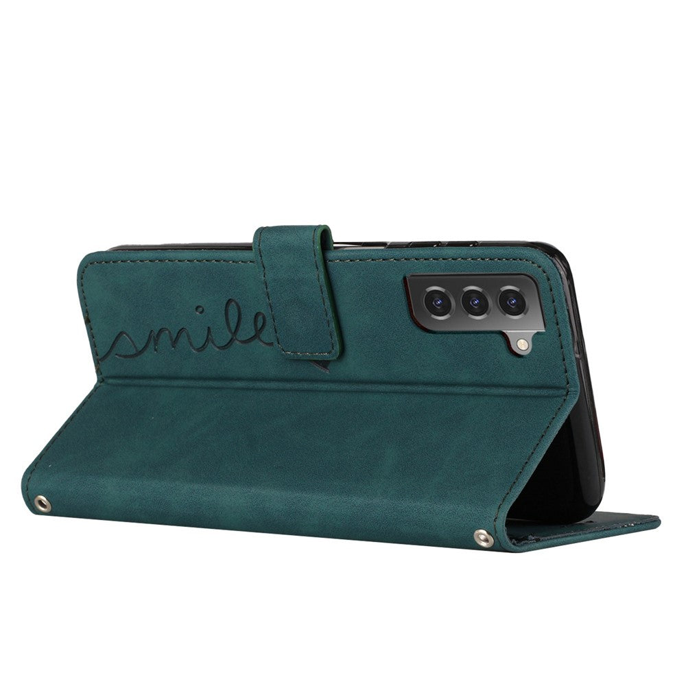 For Samsung Galaxy S21 4G/5G Skin-touch Feeling Heart Shape Imprinted Leather Case Wallet Stand Phone Cover