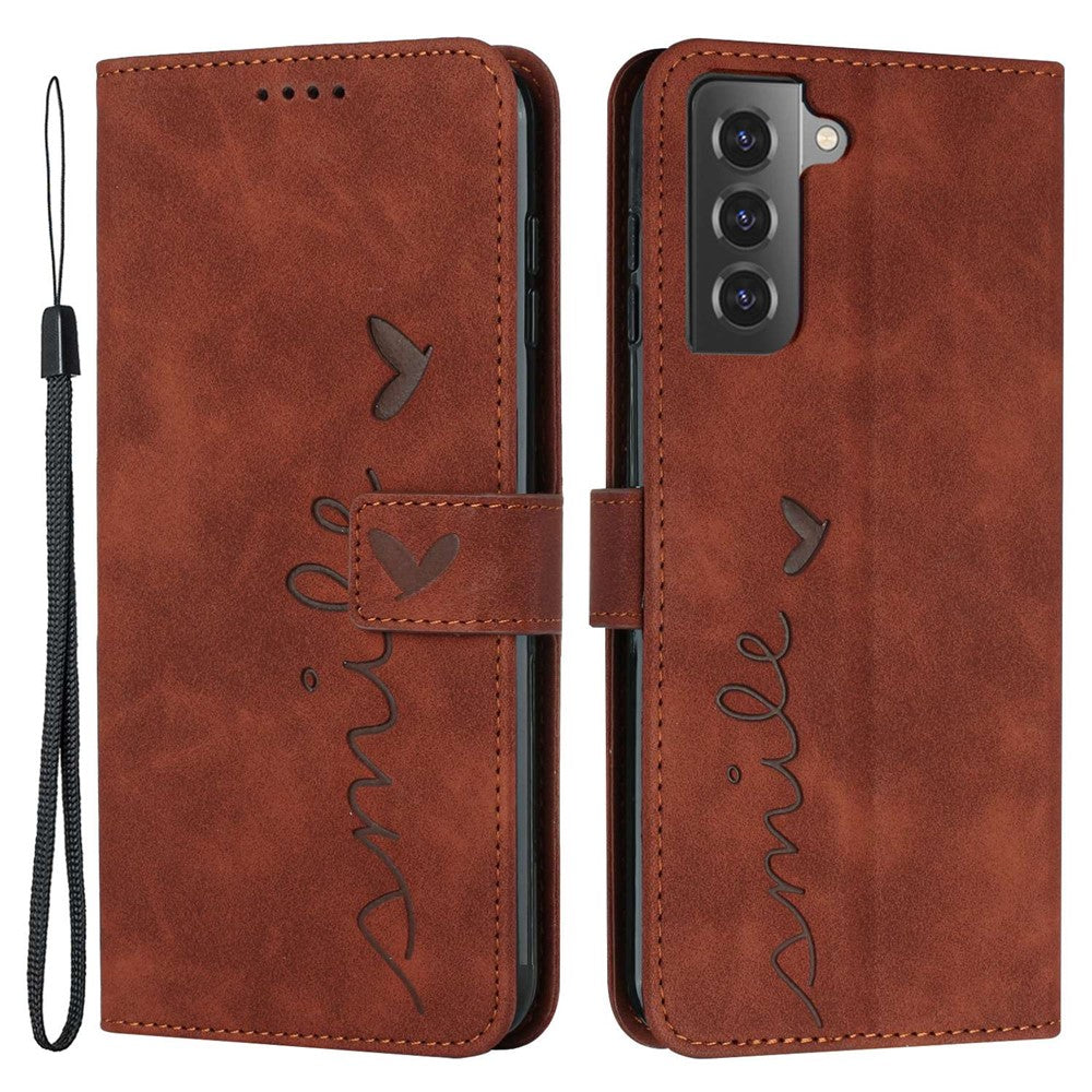 For Samsung Galaxy S21 4G/5G Skin-touch Feeling Heart Shape Imprinted Leather Case Wallet Stand Phone Cover
