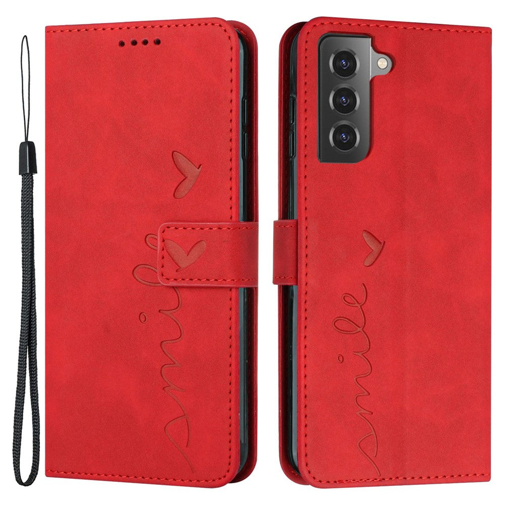 For Samsung Galaxy S21 4G/5G Skin-touch Feeling Heart Shape Imprinted Leather Case Wallet Stand Phone Cover