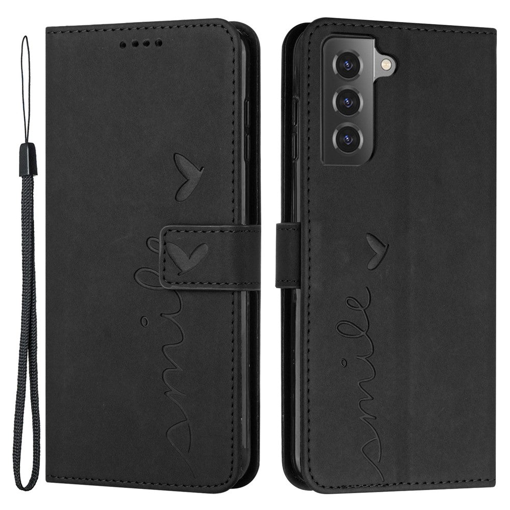 For Samsung Galaxy S21 4G/5G Skin-touch Feeling Heart Shape Imprinted Leather Case Wallet Stand Phone Cover