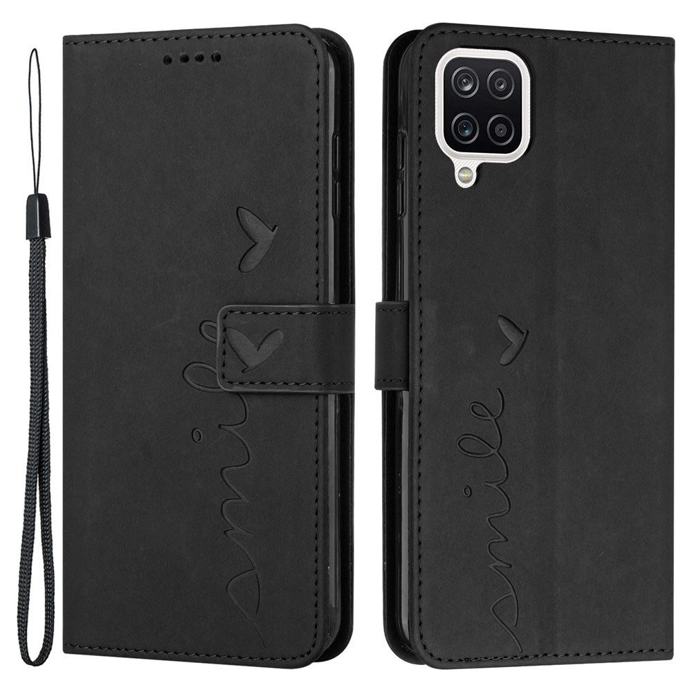 Til Samsung Galaxy A22 4G (EU-version)/M22/F22/M32 (Indisk version)/M32 (Global version) 4G Hudlignende følelse Hjerteformet præget telefoncover i PU-læder med pung, stander og rem