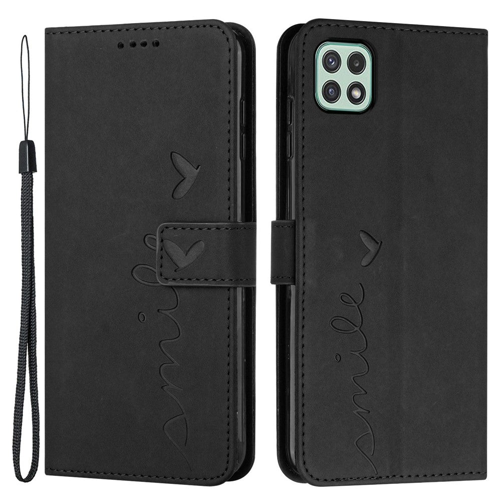 For Samsung Galaxy A22 5G/A22s 5G (EU Version) Skin-touch Feeling Heart Shape Imprinted Hands-free Stand Phone Case PU Leather Wallet Shell with Strap