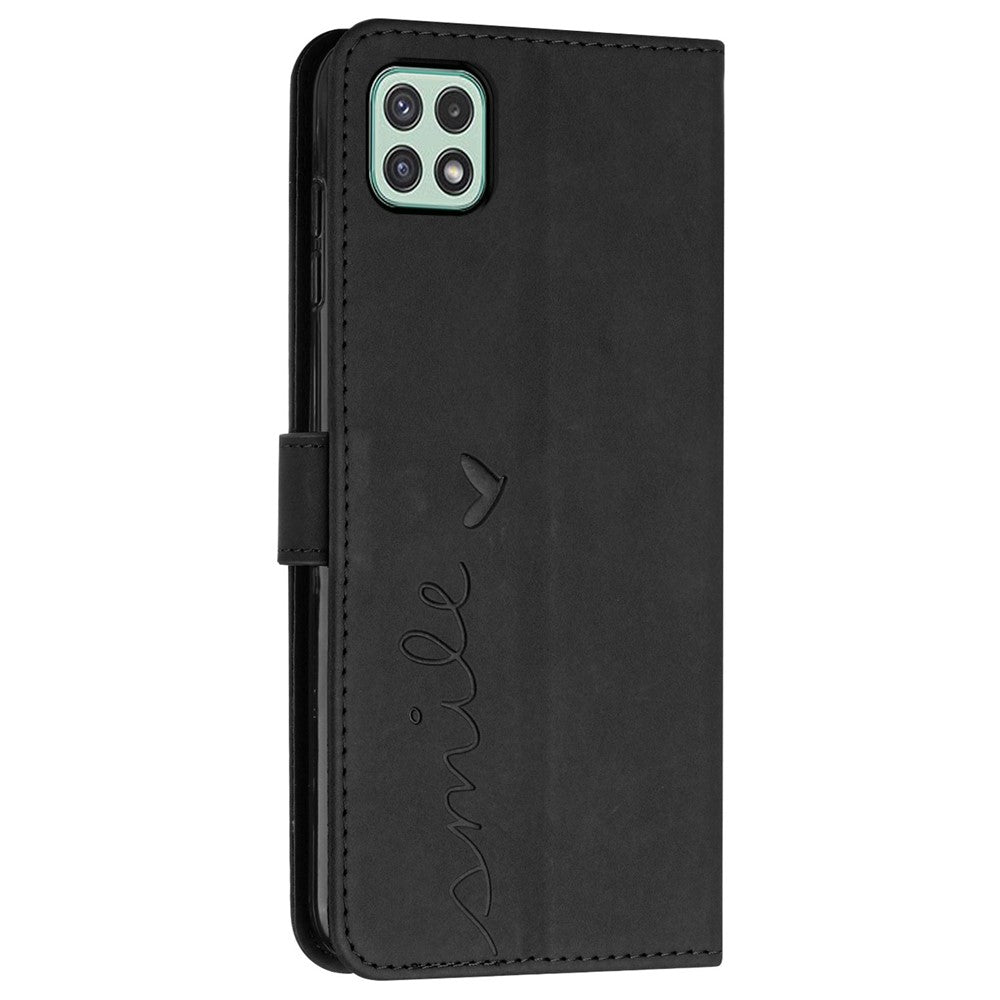 For Samsung Galaxy A22 5G/A22s 5G (EU Version) Skin-touch Feeling Heart Shape Imprinted Hands-free Stand Phone Case PU Leather Wallet Shell with Strap