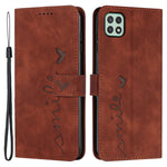 For Samsung Galaxy A22 5G/A22s 5G (EU Version) Skin-touch Feeling Heart Shape Imprinted Hands-free Stand Phone Case PU Leather Wallet Shell with Strap