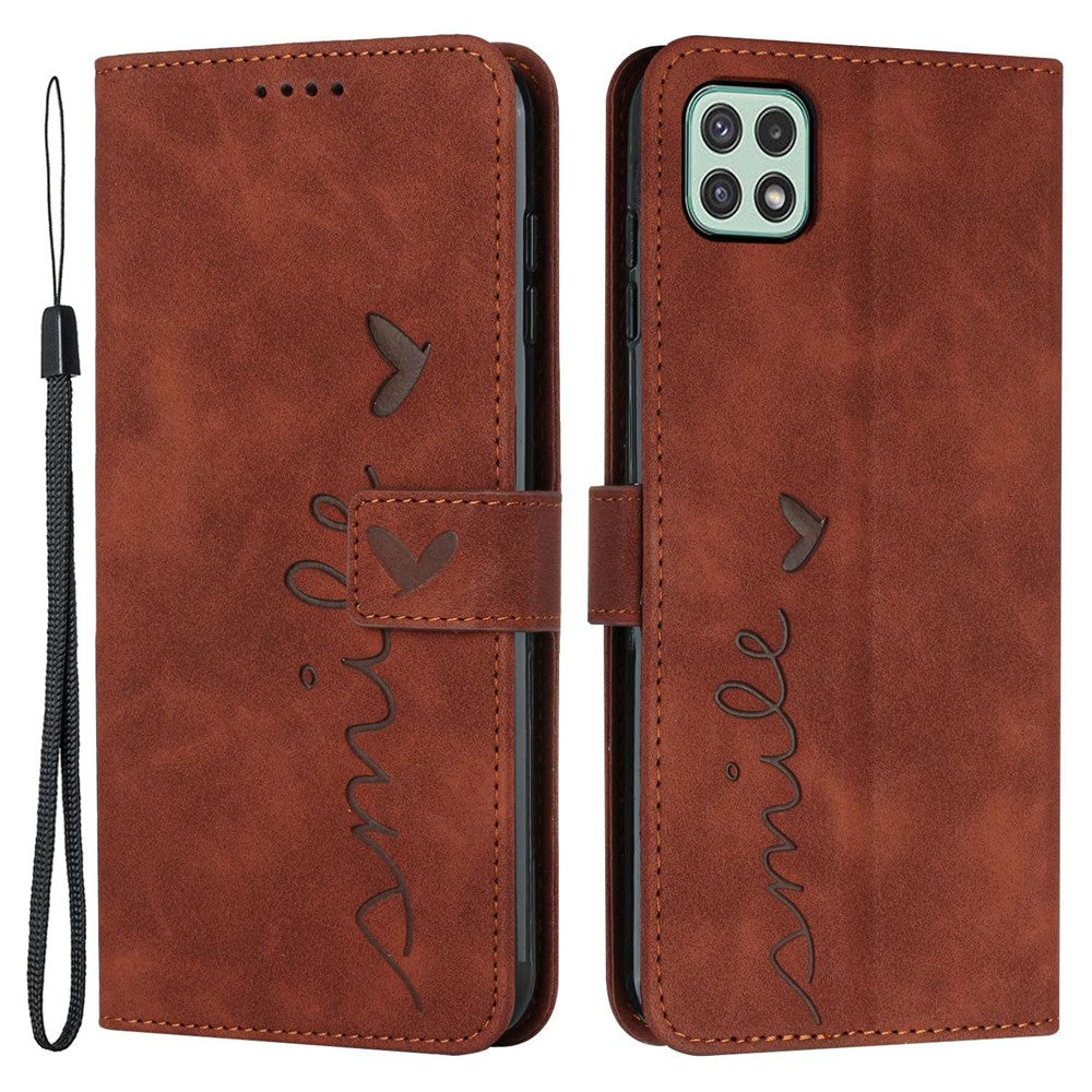 For Samsung Galaxy A22 5G/A22s 5G (EU Version) Skin-touch Feeling Heart Shape Imprinted Hands-free Stand Phone Case PU Leather Wallet Shell with Strap