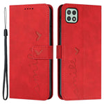 For Samsung Galaxy A22 5G/A22s 5G (EU Version) Skin-touch Feeling Heart Shape Imprinted Hands-free Stand Phone Case PU Leather Wallet Shell with Strap