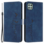 For Samsung Galaxy A22 5G/A22s 5G (EU Version) Skin-touch Feeling Heart Shape Imprinted Hands-free Stand Phone Case PU Leather Wallet Shell with Strap